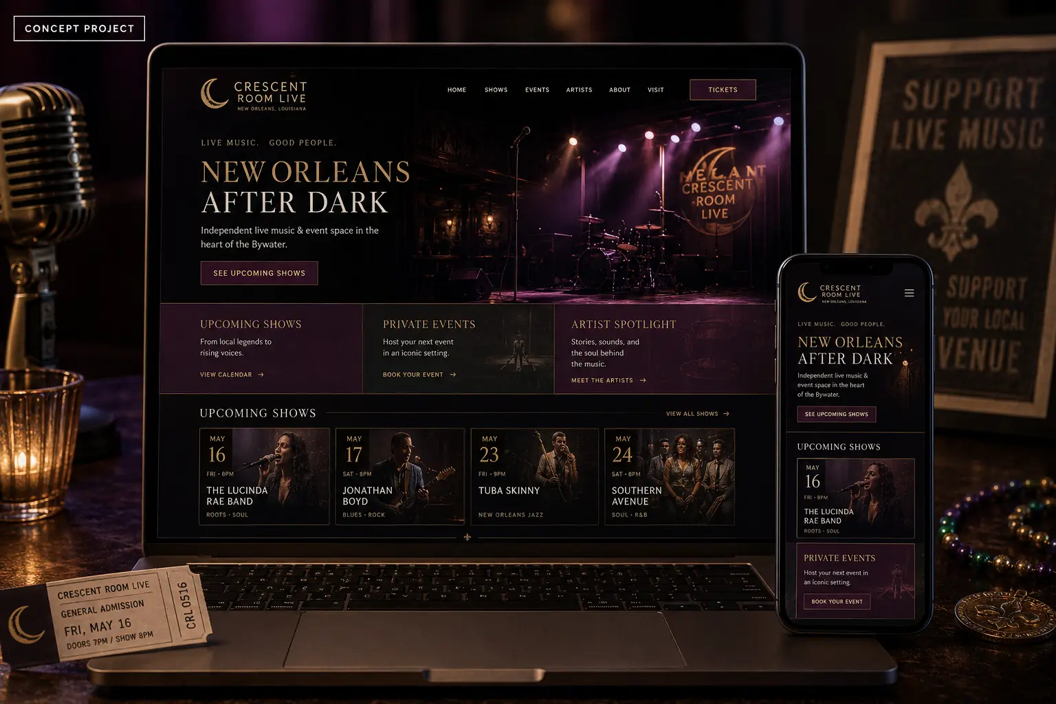 Crescent Room Live New Orleans music venue website concept displayed on laptop and mobile.