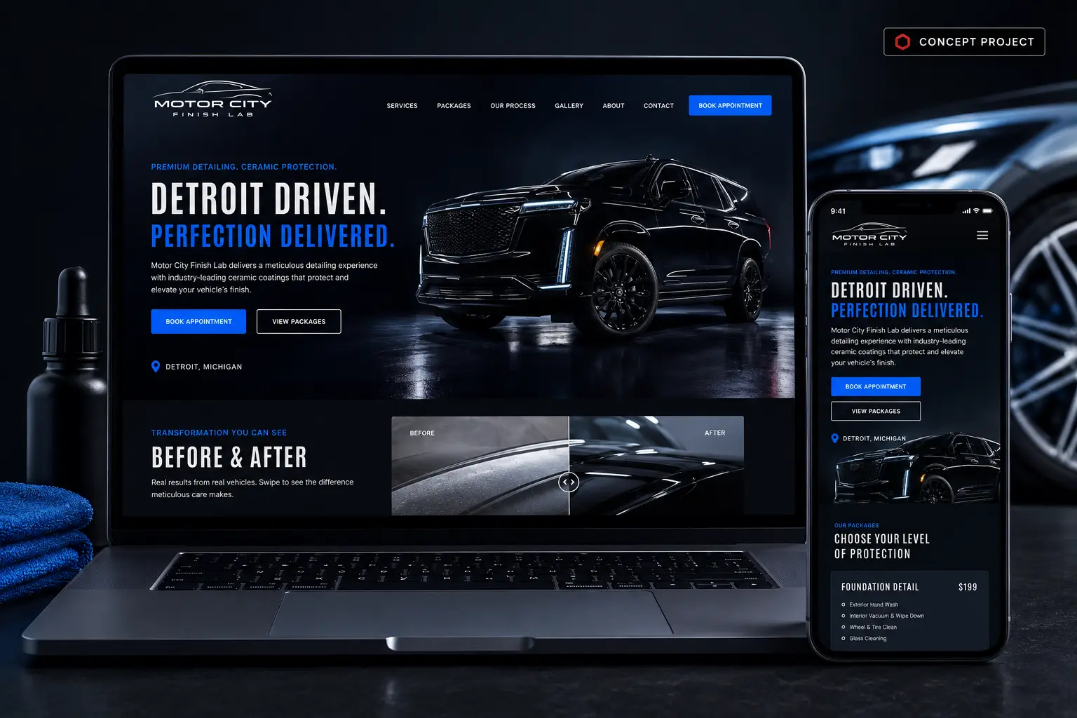 Motor City Finish Lab Detroit automotive detailing website concept displayed on laptop and mobile.