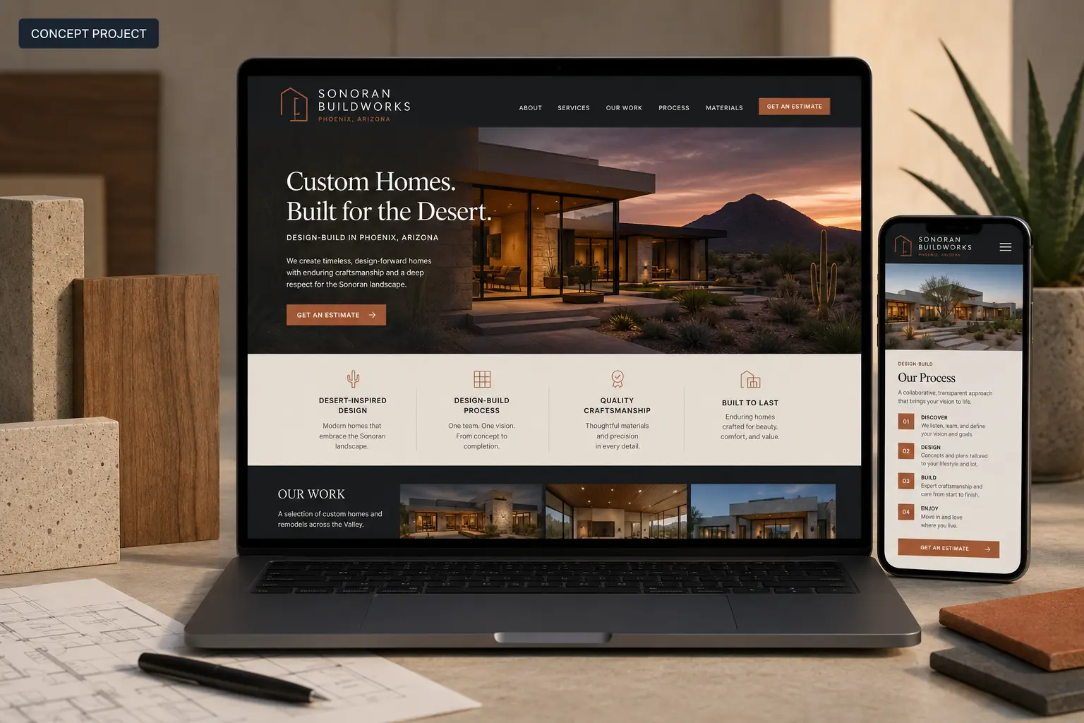 Sonoran Buildworks Phoenix construction website concept displayed on laptop and mobile.