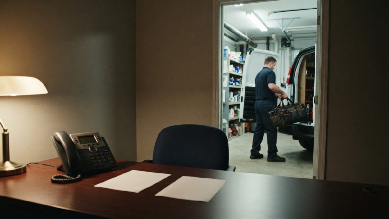 An empty dispatch desk and telephone sit in the foreground while a plumber loads a tool bag in the adjoining equipment bay.