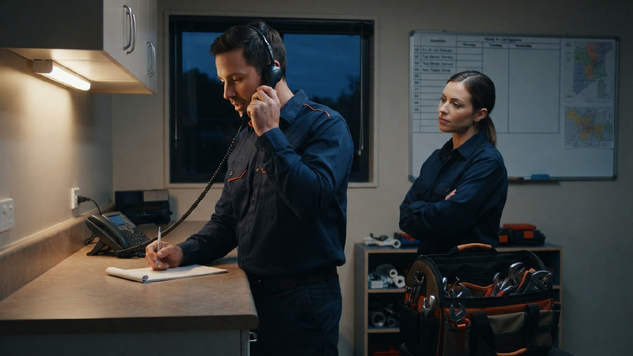 A supervisor speaks through a headset while a technician listens beside a packed tool bag at an evening work station.