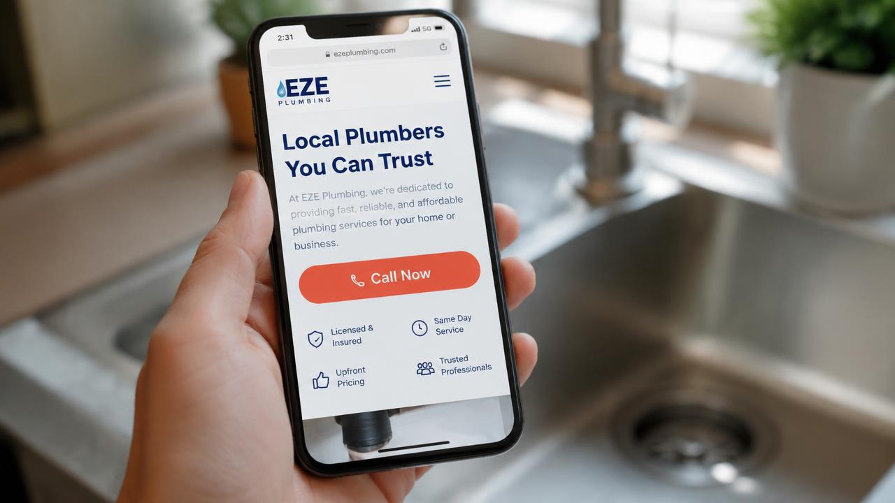 Plumber's website on a phone showing a tap-to-call emergency button