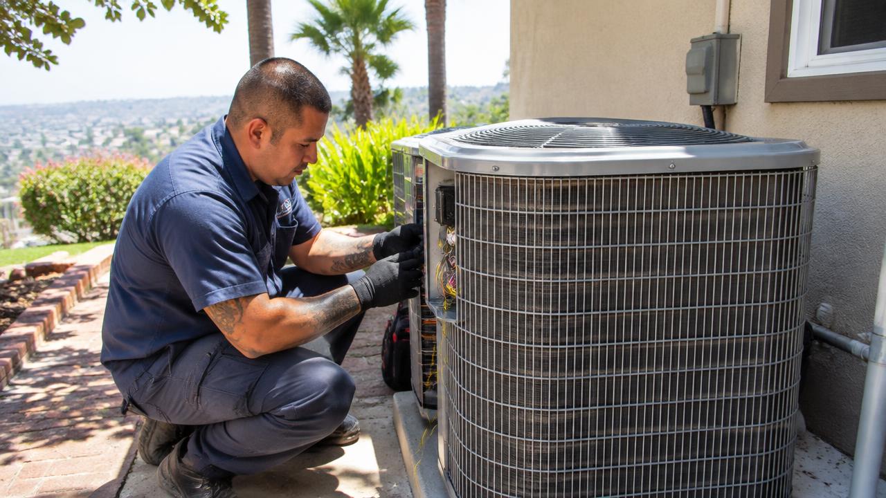 HVAC technician servicing an outdoor AC unit beside a house