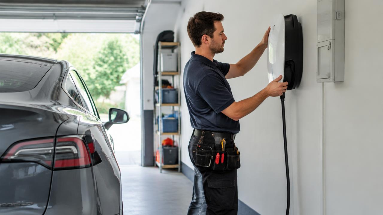 Electrician installing a home EV charger in a garage