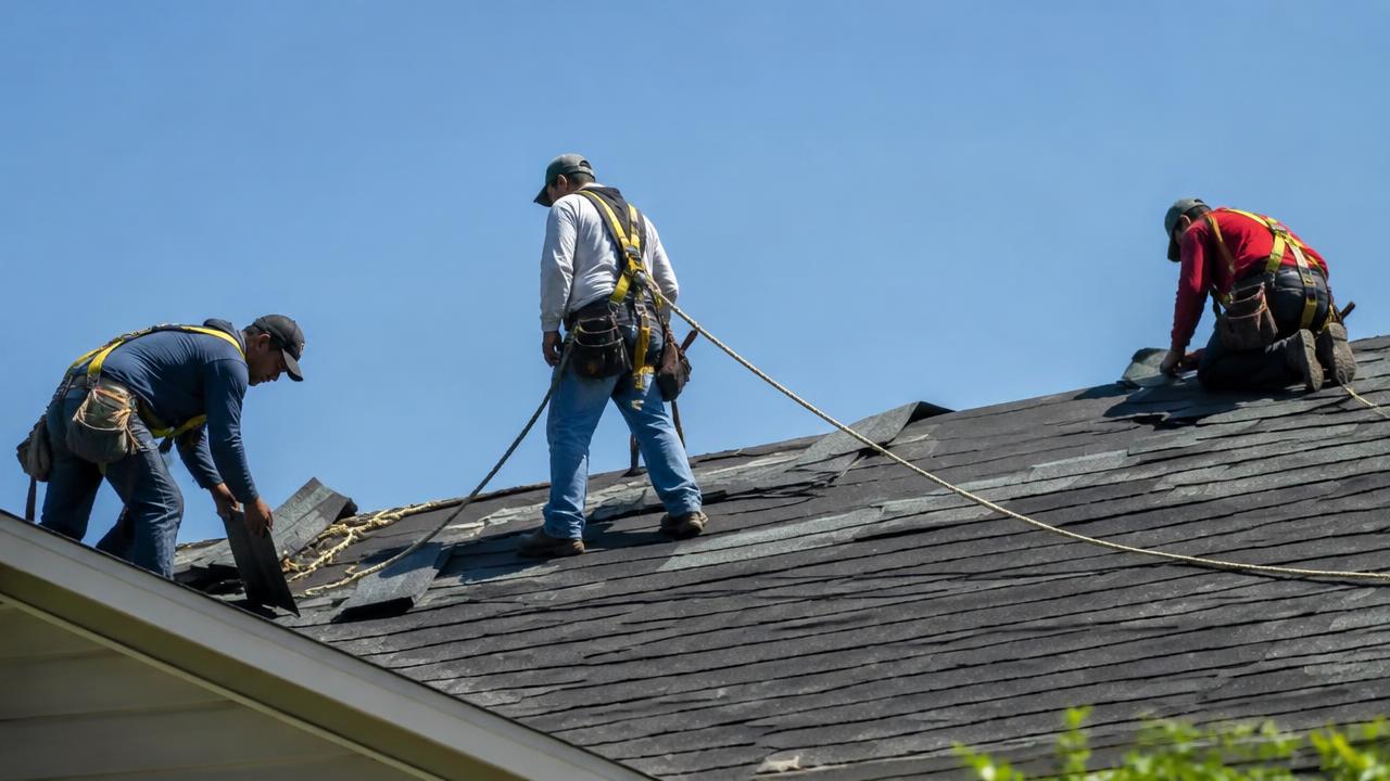Roofing crew replacing shingles on a residential roof