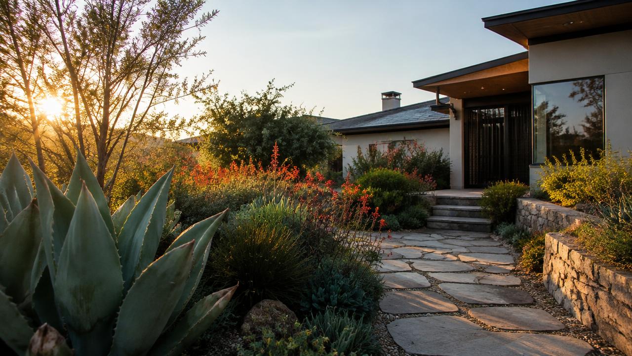 Drought-tolerant front yard with native plants and stone path