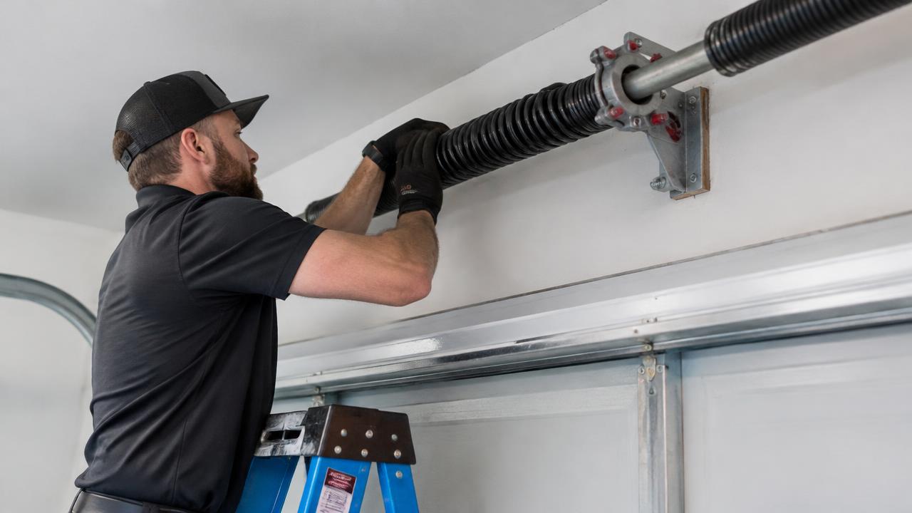 Technician replacing a broken garage door torsion spring