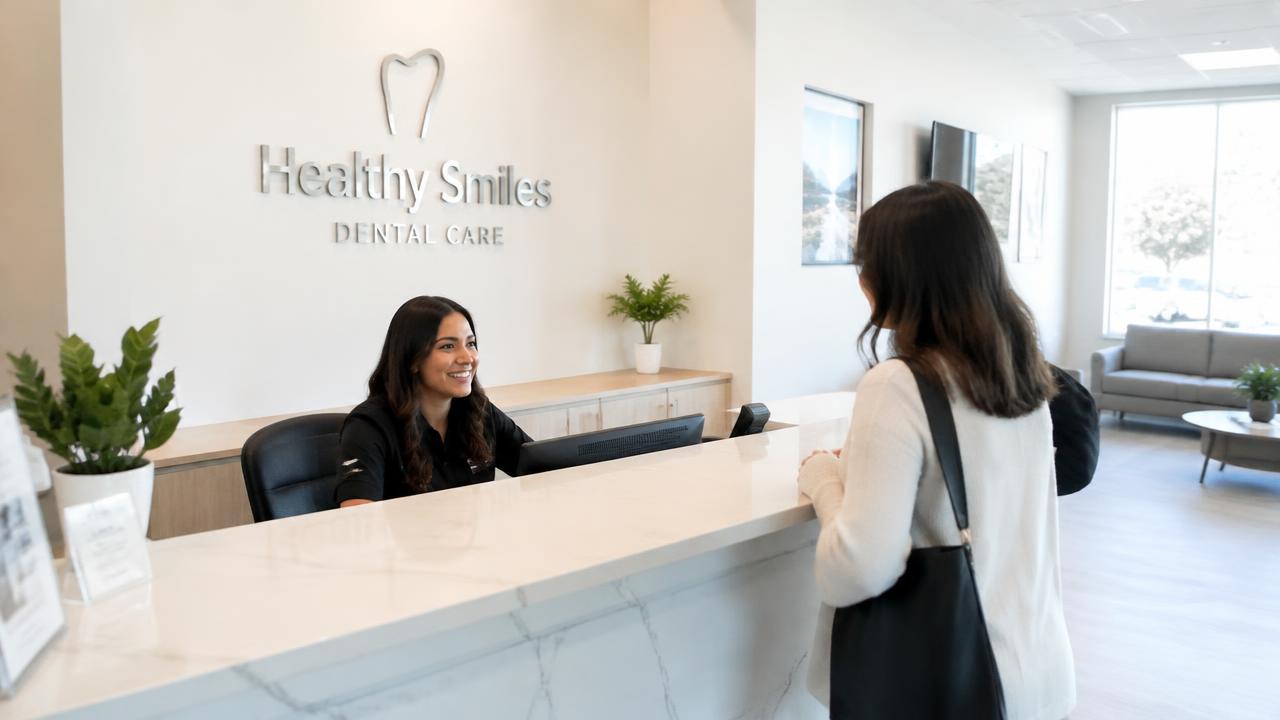 Dental office front desk with a modern check-in area
