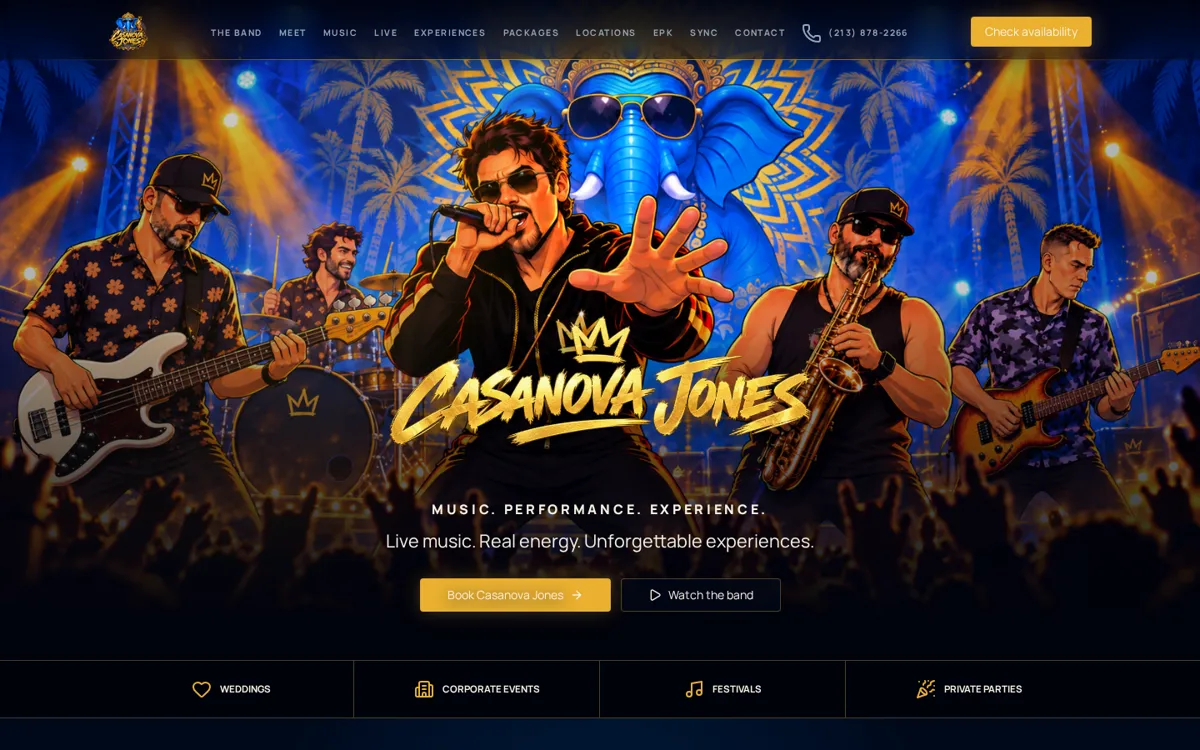 Screenshot of the casanovajones.com homepage showing the band on stage