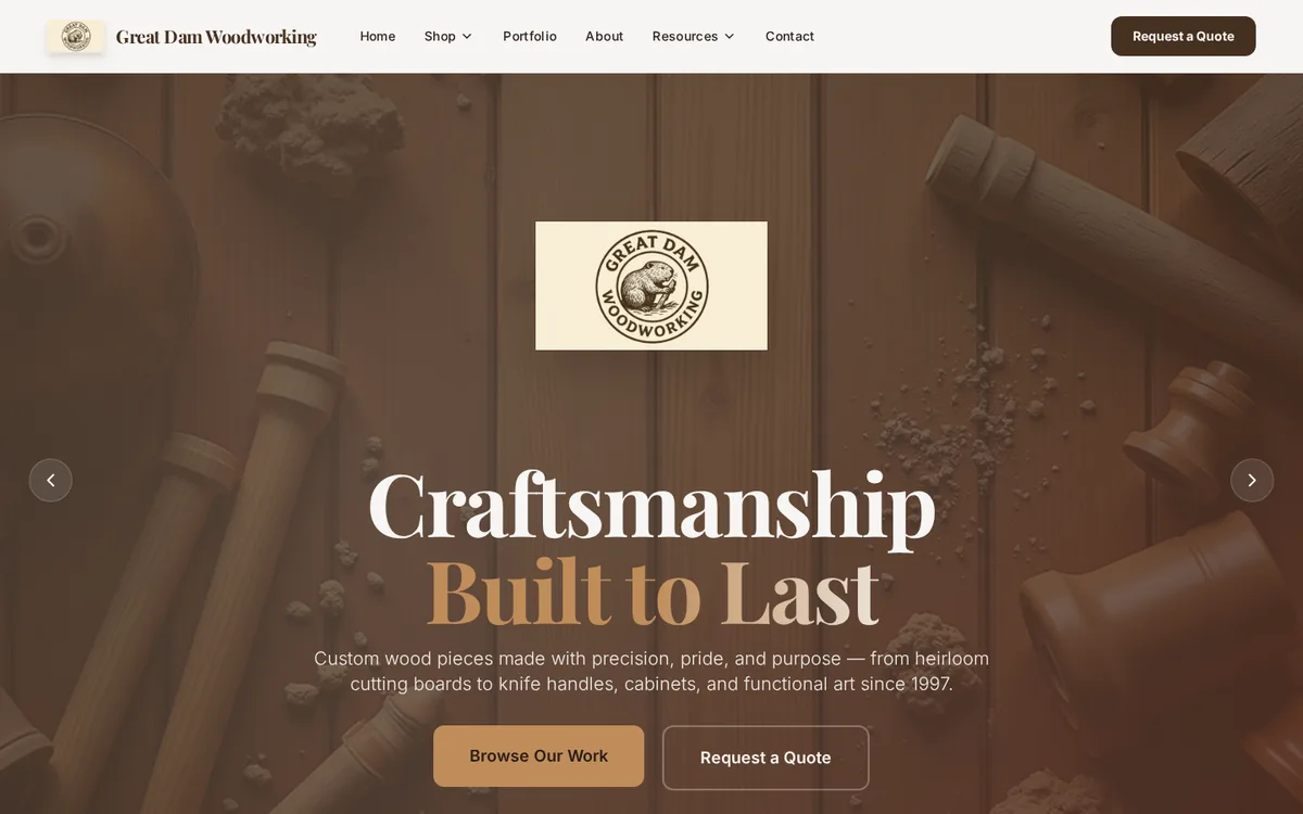 Screenshot of the greatdamwoodworking.com homepage showing custom woodworking imagery