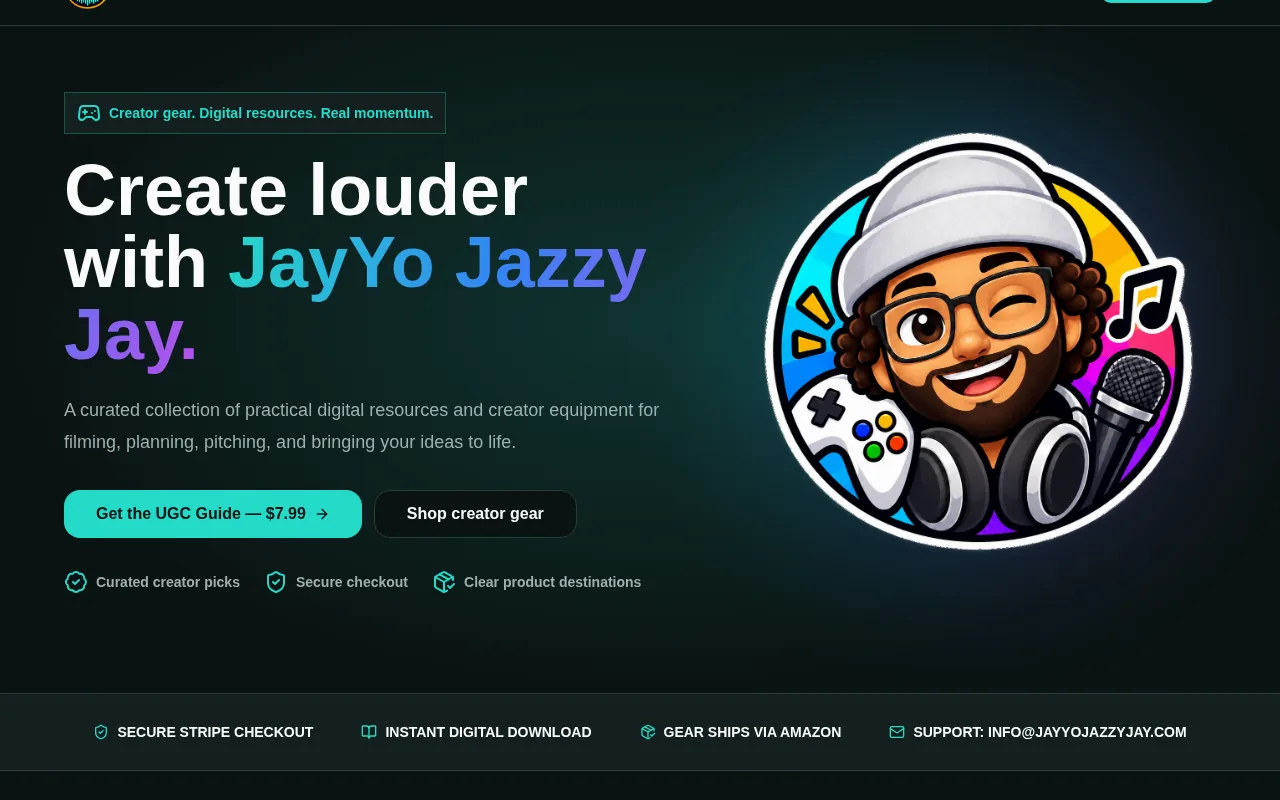 Screenshot of the JayYoJazzyJay.shop creator storefront homepage