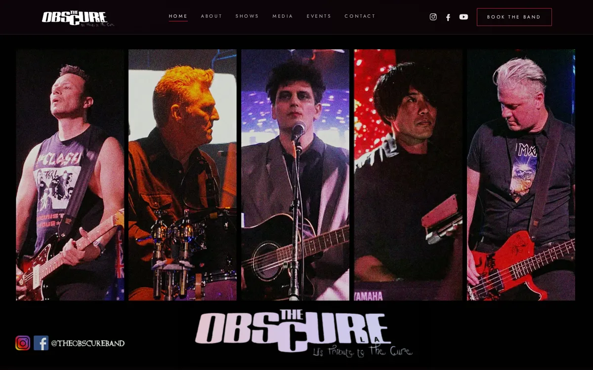 Screenshot of the theobscure.live homepage showing the band members performing